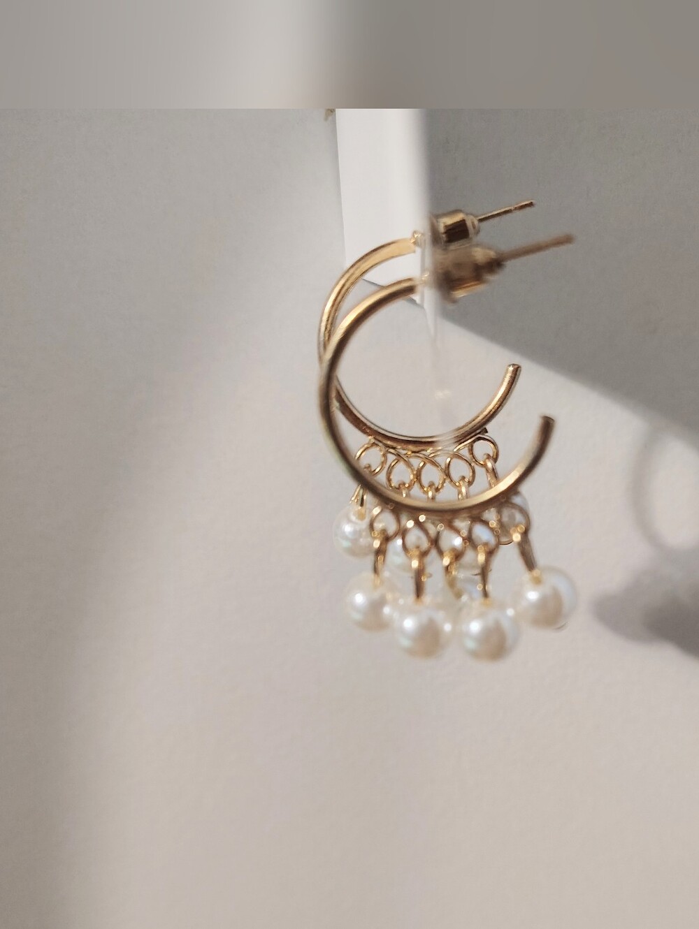 Gold Pearl Dangle Hoop Earrings